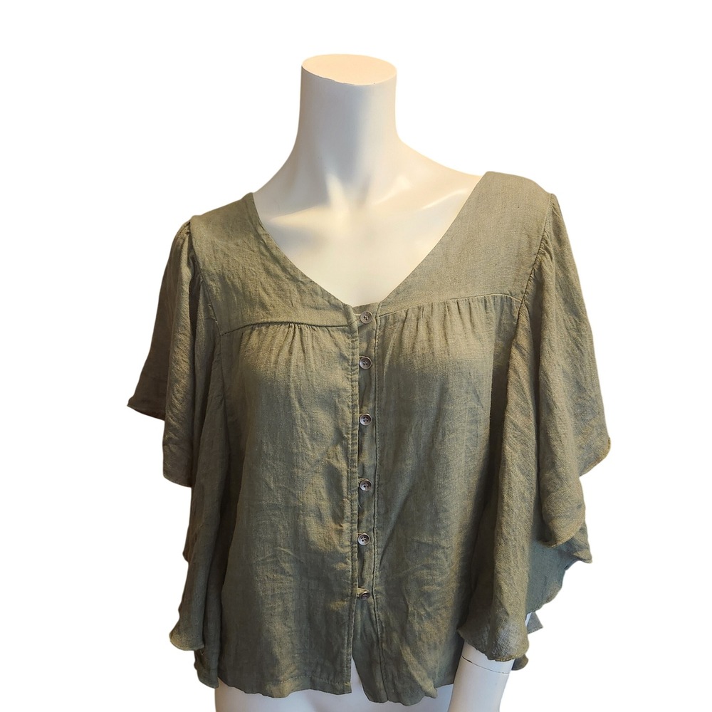 Le Nove Italy Linen Ruffle Sleeve Blouse Olive Green Button‎ Front Boho Top